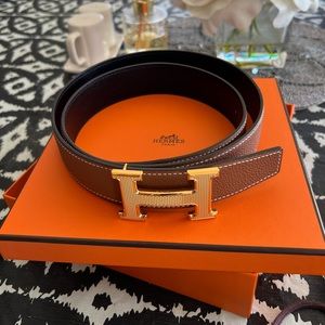 Hermes reversable belt brown black gold buckle 85